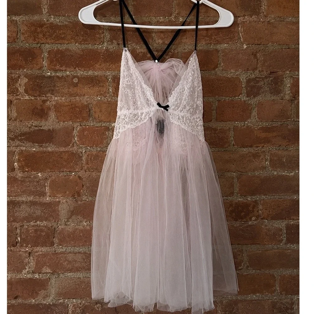 NWT Victoria's Secret Pink Lace Tulle Babydoll Chemise Lingerie L Coquette Sheer